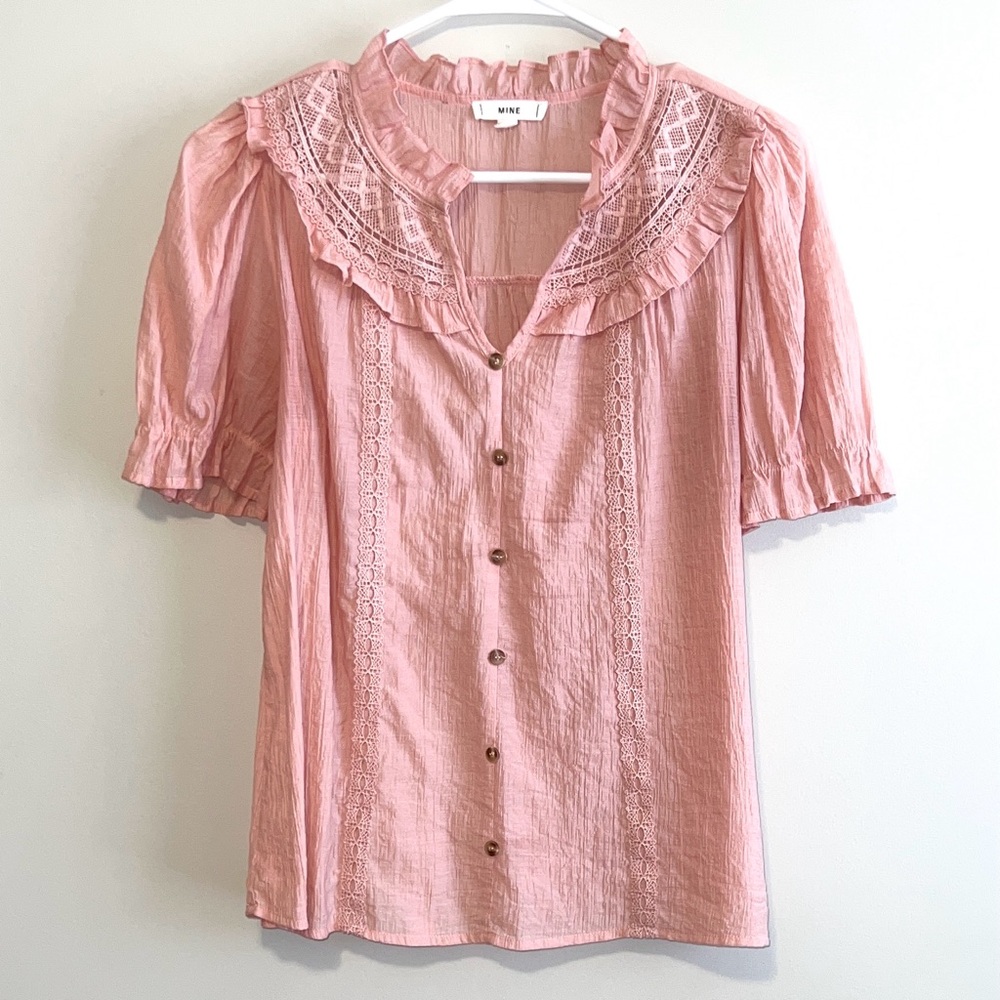 Anthropologie MINE Crochet Lace Trim Ruffle Collar Short Sleeve Top